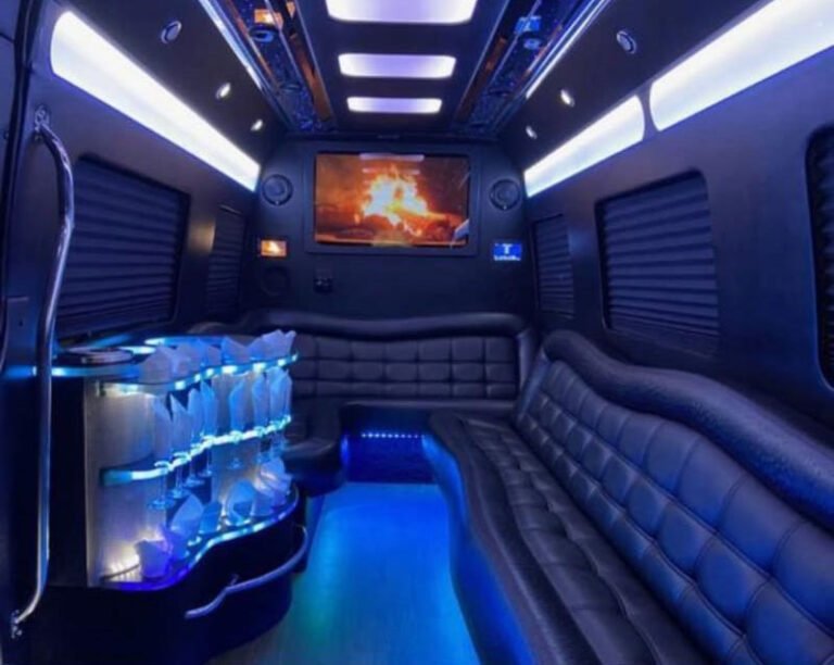 Limo bus interior with party lighting for concerts and long weekends